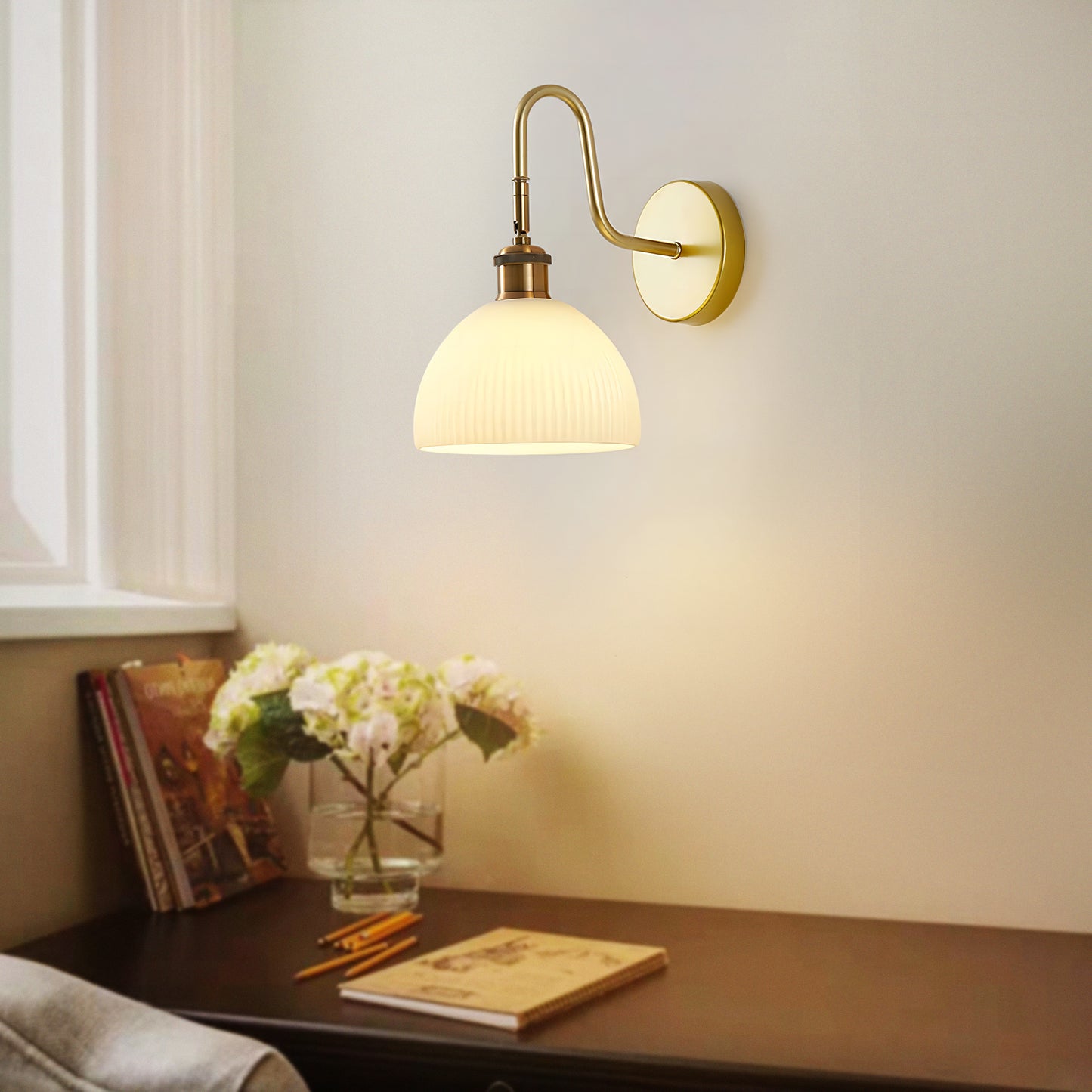 Rubber Wood Glass Wall Lamp